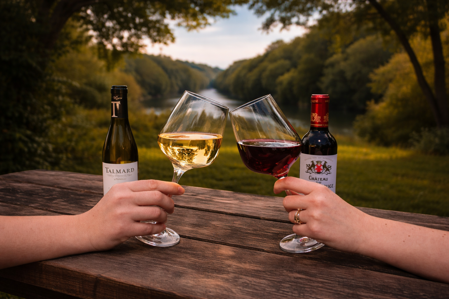 Two glasses of wine clinked together over a peaceful riverbank