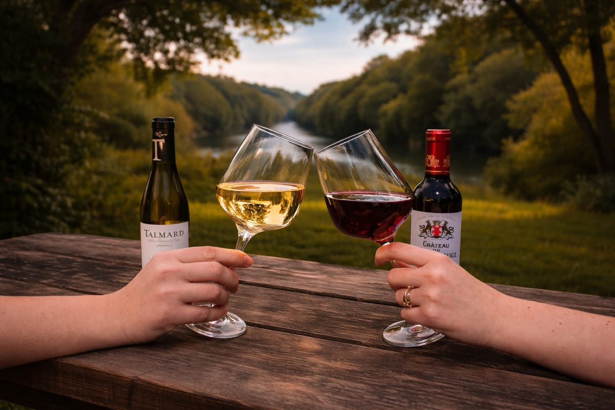 Two glasses of wine clinked together over a peaceful riverbank
